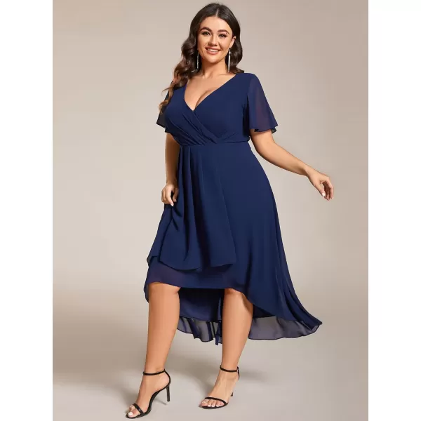 EverPretty Womens V Neck Pleated Plus Size Ruffle Sleeves High Low Semi Formal Dresses 02084DAPHNavy Blue