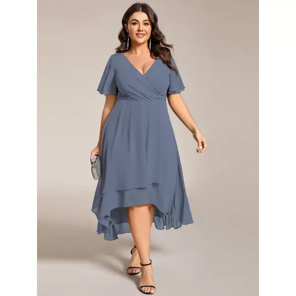 EverPretty Womens V Neck Pleated Plus Size Ruffle Sleeves High Low Semi Formal Dresses 02084DAPHNavy Blue