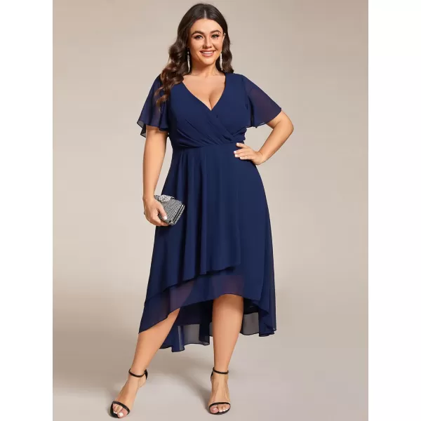 EverPretty Womens V Neck Pleated Plus Size Ruffle Sleeves High Low Semi Formal Dresses 02084DAPHNavy Blue