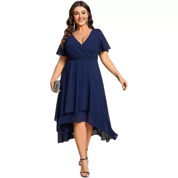 EverPretty Womens V Neck Pleated Plus Size Ruffle Sleeves High Low Semi Formal Dresses 02084DAPHNavy Blue