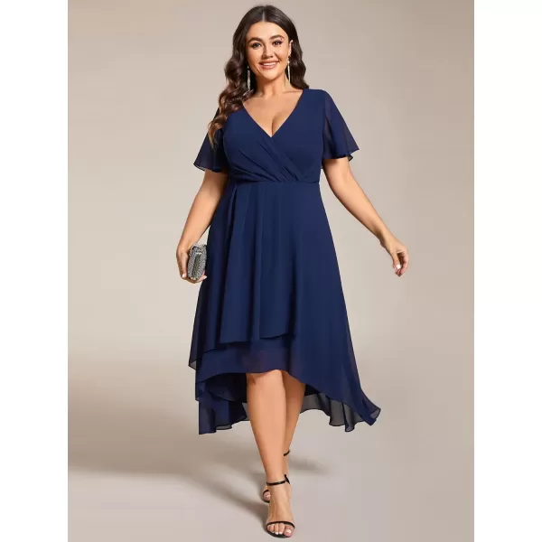 EverPretty Womens V Neck Pleated Plus Size Ruffle Sleeves High Low Semi Formal Dresses 02084DAPHNavy Blue