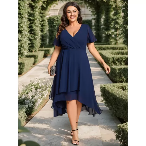 EverPretty Womens V Neck Pleated Plus Size Ruffle Sleeves High Low Semi Formal Dresses 02084DAPHNavy Blue