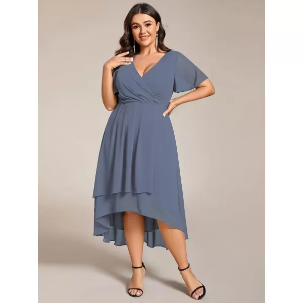 EverPretty Womens V Neck Pleated Plus Size Ruffle Sleeves High Low Semi Formal Dresses 02084DAPHNavy Blue