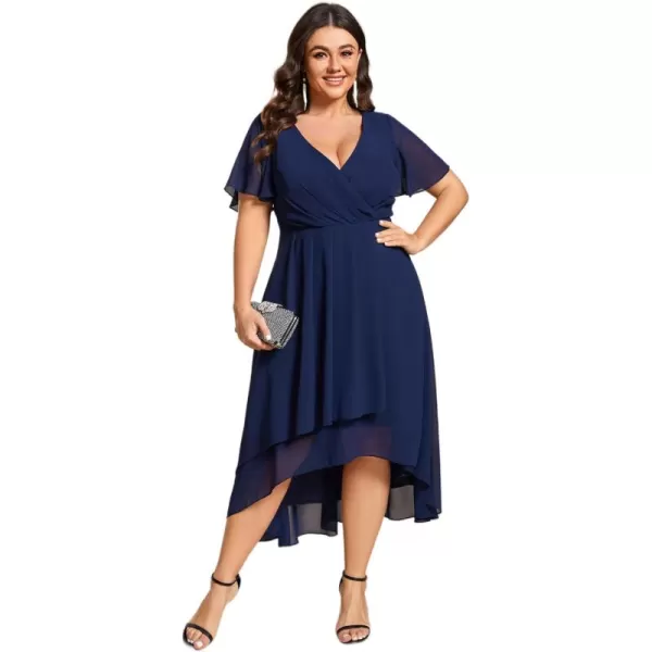 EverPretty Womens V Neck Pleated Plus Size Ruffle Sleeves High Low Semi Formal Dresses 02084DAPHNavy Blue