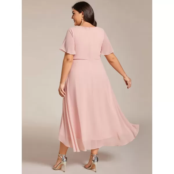 EverPretty Womens V Neck Pleated Plus Size Ruffle Sleeves High Low Semi Formal Dresses 02084DAPHPink