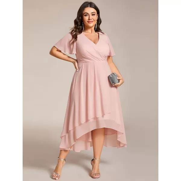 EverPretty Womens V Neck Pleated Plus Size Ruffle Sleeves High Low Semi Formal Dresses 02084DAPHPink