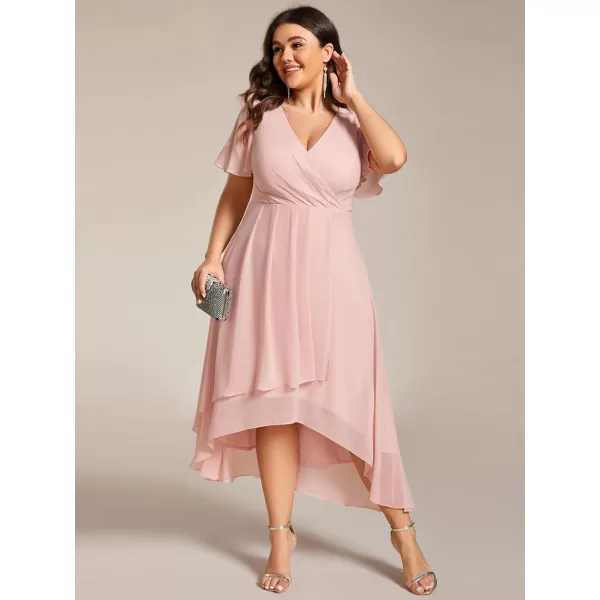 EverPretty Womens V Neck Pleated Plus Size Ruffle Sleeves High Low Semi Formal Dresses 02084DAPHPink