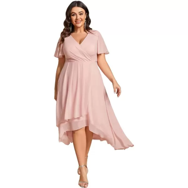 EverPretty Womens V Neck Pleated Plus Size Ruffle Sleeves High Low Semi Formal Dresses 02084DAPHPink