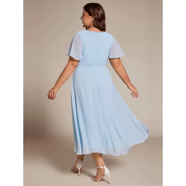 EverPretty Womens V Neck Pleated Plus Size Ruffle Sleeves High Low Semi Formal Dresses 02084DAPHSky Blue