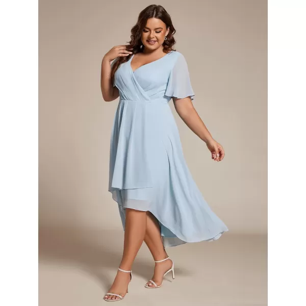 EverPretty Womens V Neck Pleated Plus Size Ruffle Sleeves High Low Semi Formal Dresses 02084DAPHSky Blue