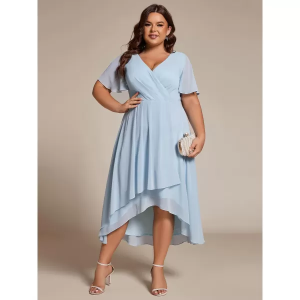 EverPretty Womens V Neck Pleated Plus Size Ruffle Sleeves High Low Semi Formal Dresses 02084DAPHSky Blue