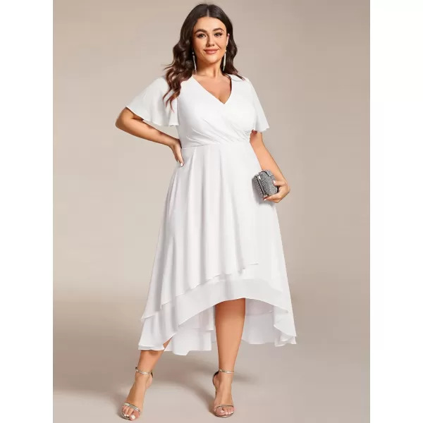 EverPretty Womens V Neck Pleated Plus Size Ruffle Sleeves High Low Semi Formal Dresses 02084DAPHWhite