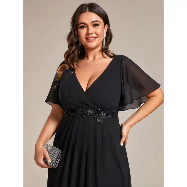 EverPretty Womens V Neck Pleated Plus Size Ruffles Sleeves Tea Length Wedding Guest Dresses 02093Black