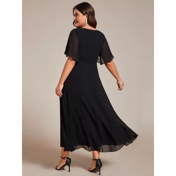 EverPretty Womens V Neck Pleated Plus Size Ruffles Sleeves Tea Length Wedding Guest Dresses 02093Black