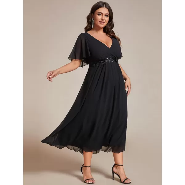 EverPretty Womens V Neck Pleated Plus Size Ruffles Sleeves Tea Length Wedding Guest Dresses 02093Black