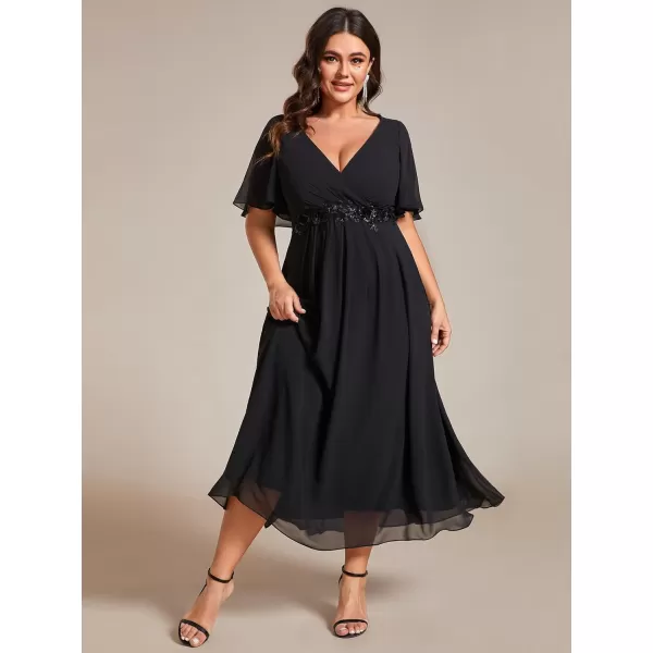 EverPretty Womens V Neck Pleated Plus Size Ruffles Sleeves Tea Length Wedding Guest Dresses 02093Black