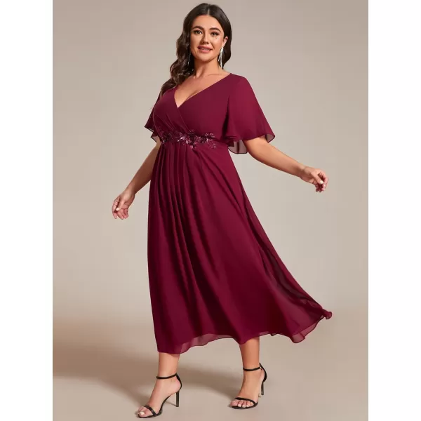 EverPretty Womens V Neck Pleated Plus Size Ruffles Sleeves Tea Length Wedding Guest Dresses 02093Burgundy