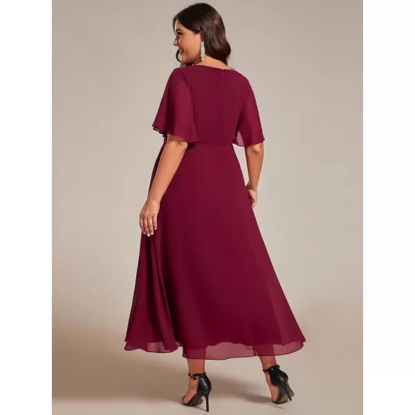 EverPretty Womens V Neck Pleated Plus Size Ruffles Sleeves Tea Length Wedding Guest Dresses 02093Burgundy