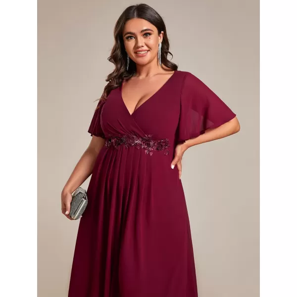 EverPretty Womens V Neck Pleated Plus Size Ruffles Sleeves Tea Length Wedding Guest Dresses 02093Burgundy