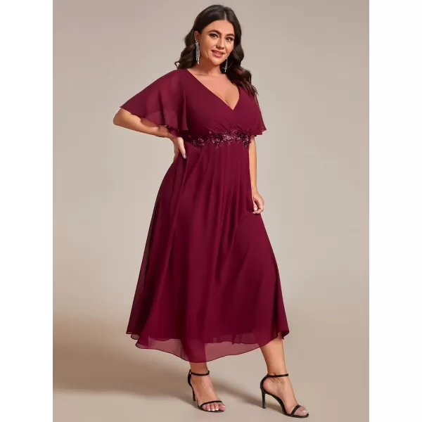 EverPretty Womens V Neck Pleated Plus Size Ruffles Sleeves Tea Length Wedding Guest Dresses 02093Burgundy