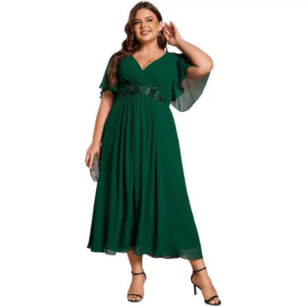 EverPretty Womens V Neck Pleated Plus Size Ruffles Sleeves Tea Length Wedding Guest Dresses 02093Dark Green