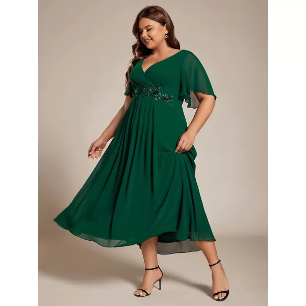 EverPretty Womens V Neck Pleated Plus Size Ruffles Sleeves Tea Length Wedding Guest Dresses 02093Dark Green