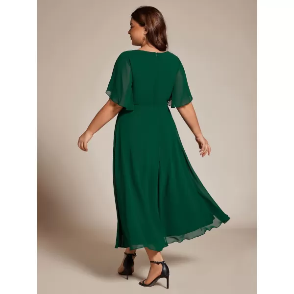 EverPretty Womens V Neck Pleated Plus Size Ruffles Sleeves Tea Length Wedding Guest Dresses 02093Dark Green