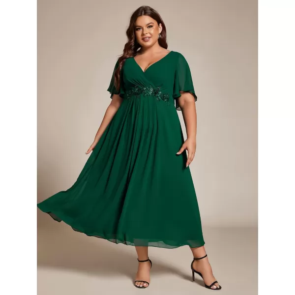 EverPretty Womens V Neck Pleated Plus Size Ruffles Sleeves Tea Length Wedding Guest Dresses 02093Dark Green