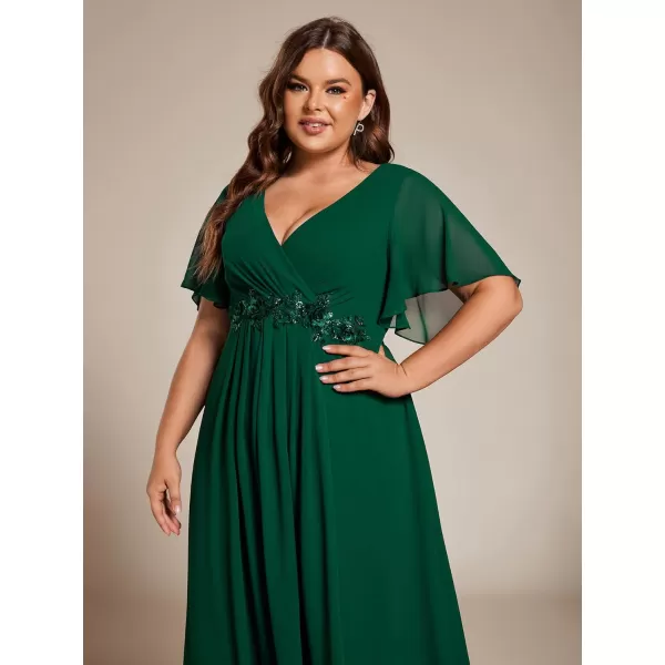 EverPretty Womens V Neck Pleated Plus Size Ruffles Sleeves Tea Length Wedding Guest Dresses 02093Dark Green