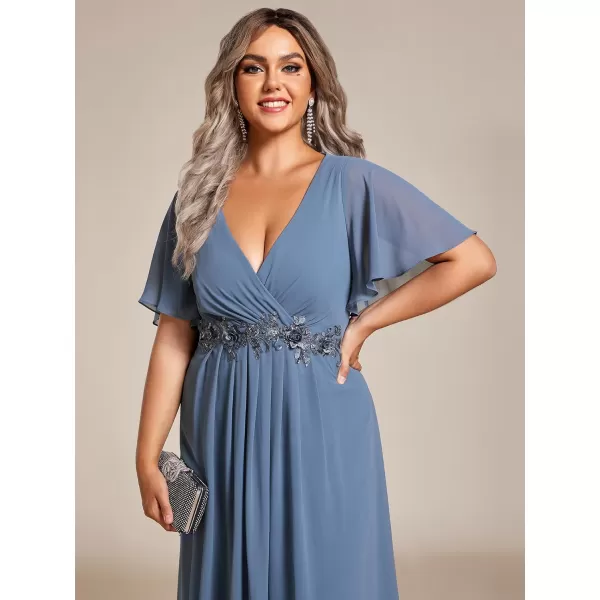 EverPretty Womens V Neck Pleated Plus Size Ruffles Sleeves Tea Length Wedding Guest Dresses 02093Dusty Navy