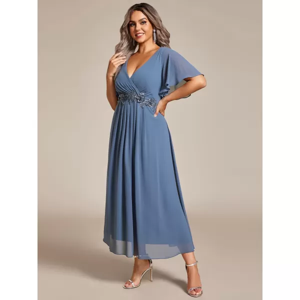 EverPretty Womens V Neck Pleated Plus Size Ruffles Sleeves Tea Length Wedding Guest Dresses 02093Dusty Navy