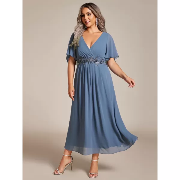 EverPretty Womens V Neck Pleated Plus Size Ruffles Sleeves Tea Length Wedding Guest Dresses 02093Dusty Navy