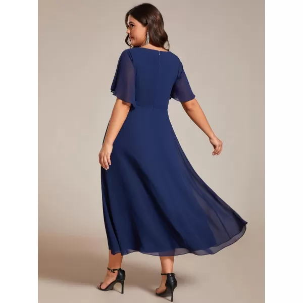 EverPretty Womens V Neck Pleated Plus Size Ruffles Sleeves Tea Length Wedding Guest Dresses 02093Navy Blue