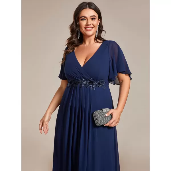 EverPretty Womens V Neck Pleated Plus Size Ruffles Sleeves Tea Length Wedding Guest Dresses 02093Navy Blue