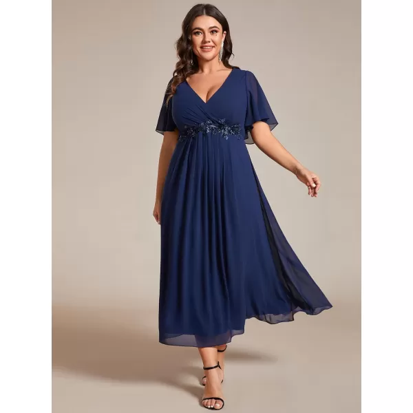 EverPretty Womens V Neck Pleated Plus Size Ruffles Sleeves Tea Length Wedding Guest Dresses 02093Navy Blue