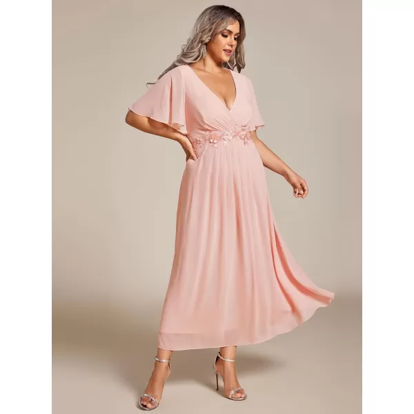 EverPretty Womens V Neck Pleated Plus Size Ruffles Sleeves Tea Length Wedding Guest Dresses 02093Pink