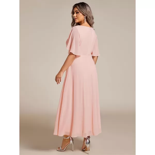 EverPretty Womens V Neck Pleated Plus Size Ruffles Sleeves Tea Length Wedding Guest Dresses 02093Pink