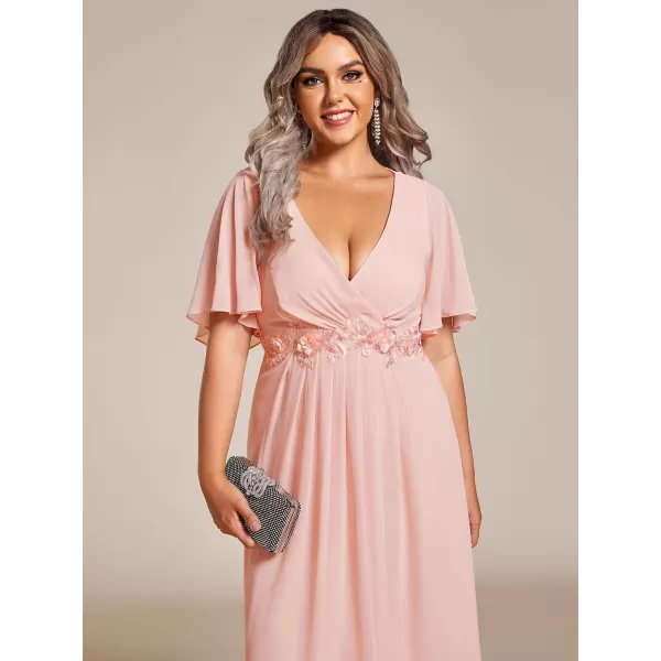 EverPretty Womens V Neck Pleated Plus Size Ruffles Sleeves Tea Length Wedding Guest Dresses 02093Pink