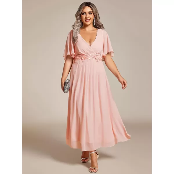 EverPretty Womens V Neck Pleated Plus Size Ruffles Sleeves Tea Length Wedding Guest Dresses 02093Pink