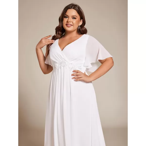 EverPretty Womens V Neck Pleated Plus Size Ruffles Sleeves Tea Length Wedding Guest Dresses 02093White