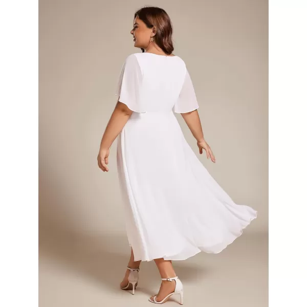 EverPretty Womens V Neck Pleated Plus Size Ruffles Sleeves Tea Length Wedding Guest Dresses 02093White