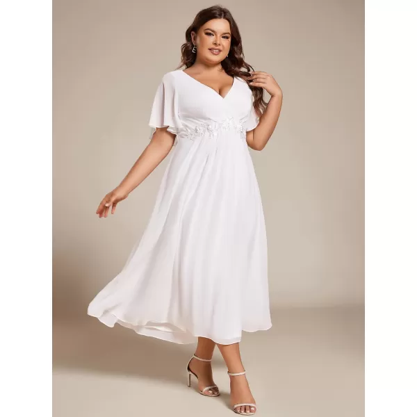 EverPretty Womens V Neck Pleated Plus Size Ruffles Sleeves Tea Length Wedding Guest Dresses 02093White