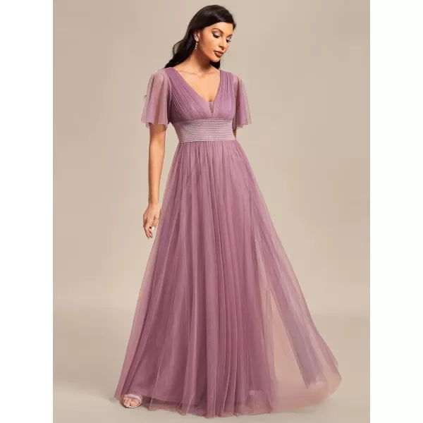 EverPretty Womens V Neck Pleated Ruffle Sleeves Elastic Waist ALine Tulle Bridesmaid Dress 0294AOrchid