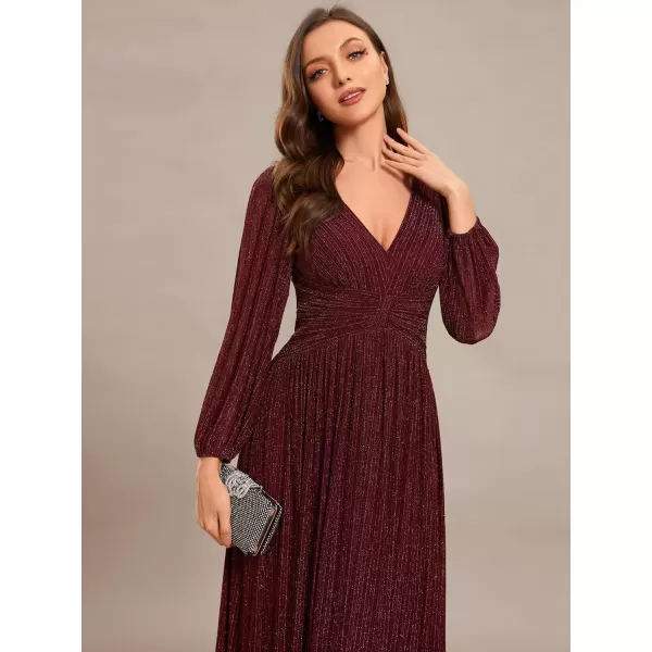 EverPretty Womens V Neck Ruched High Waist Long Sleeves Floor Length Glitter Evening Dresses 01961Burgundy