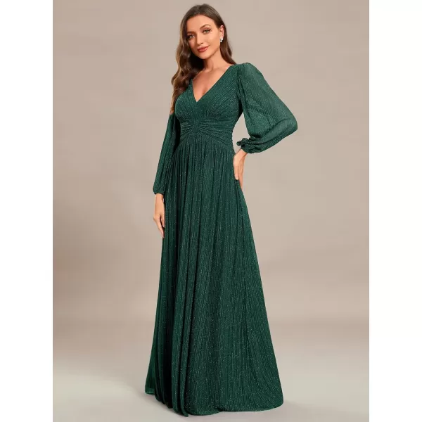 EverPretty Womens V Neck Ruched High Waist Long Sleeves Floor Length Glitter Evening Dresses 01961Deep Green