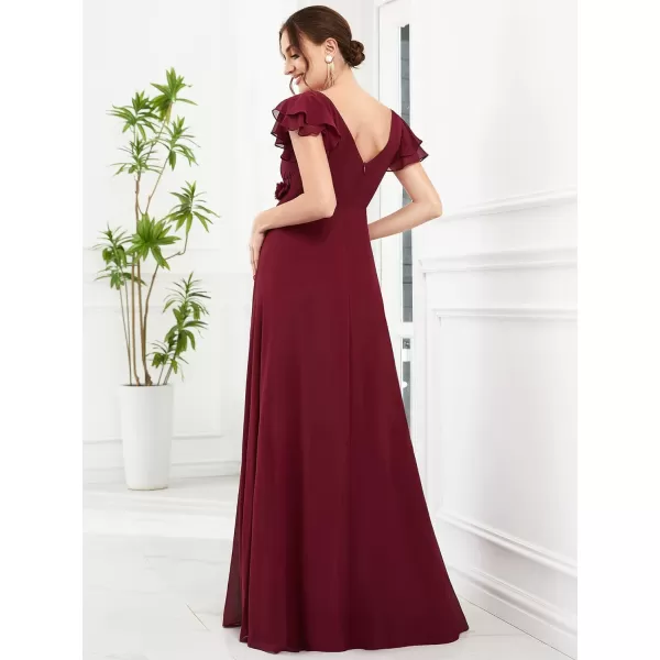 EverPretty Womens V Neck Ruffle Sleeve Backless Embroidered A Line Chiffon Maternity Bridesmaid Dress 01652EYBurgundy