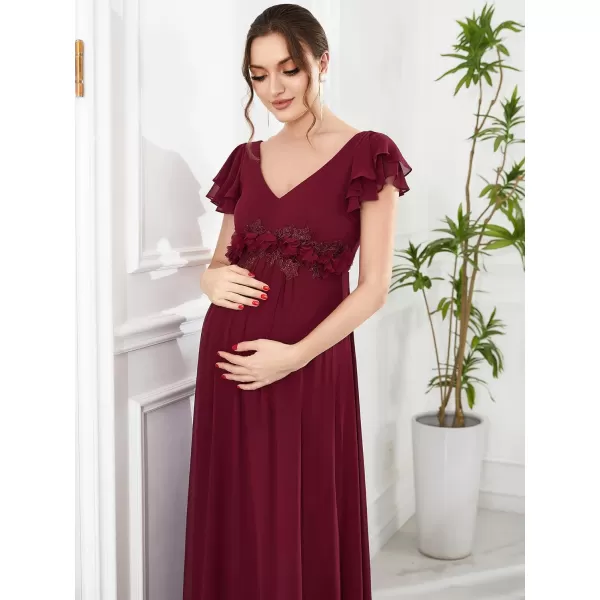 EverPretty Womens V Neck Ruffle Sleeve Backless Embroidered A Line Chiffon Maternity Bridesmaid Dress 01652EYBurgundy