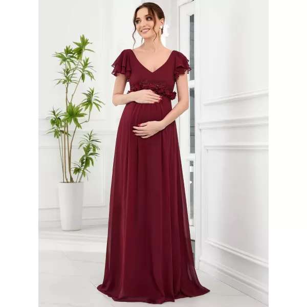 EverPretty Womens V Neck Ruffle Sleeve Backless Embroidered A Line Chiffon Maternity Bridesmaid Dress 01652EYBurgundy