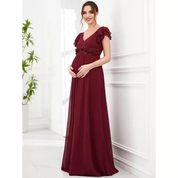 EverPretty Womens V Neck Ruffle Sleeve Backless Embroidered A Line Chiffon Maternity Bridesmaid Dress 01652EYBurgundy