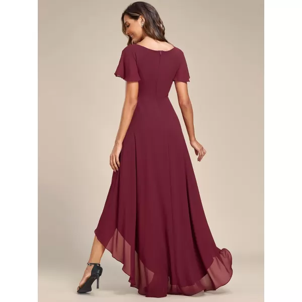 EverPretty Womens V Neck Ruffle Sleeve Lotus Leaf Asymmetry Hem High Low Chiffon Formal Dresses 01748Burgundy